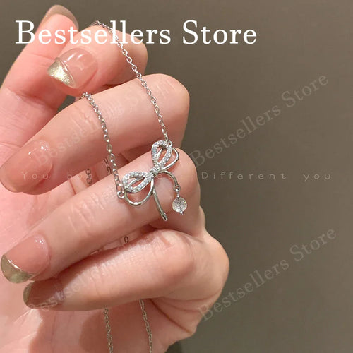 925 Sterling Silver Luxury Bow Zircon Pendant Necklace for Women