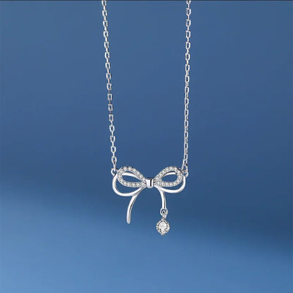 925 Sterling Silver Bow Zircon Pendant Necklace for Women