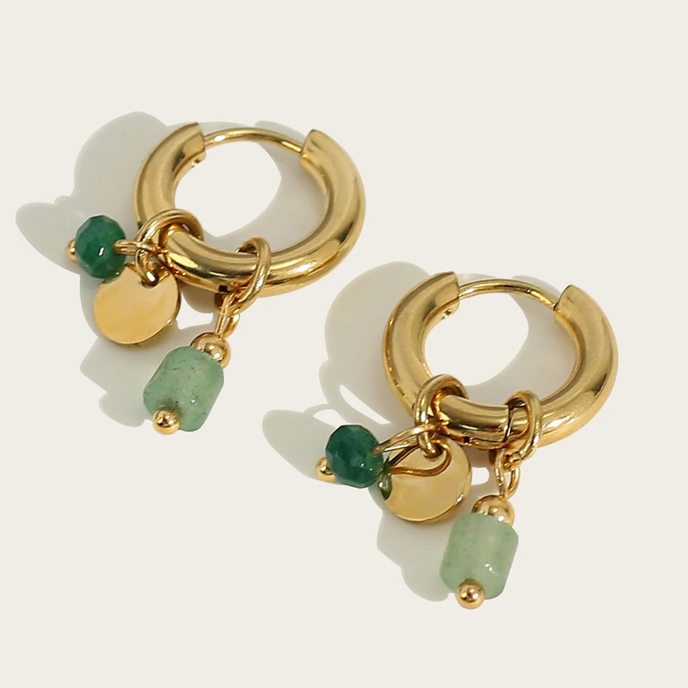 18K Gold Plated Green Natural Stone Hoop Earrings for Women