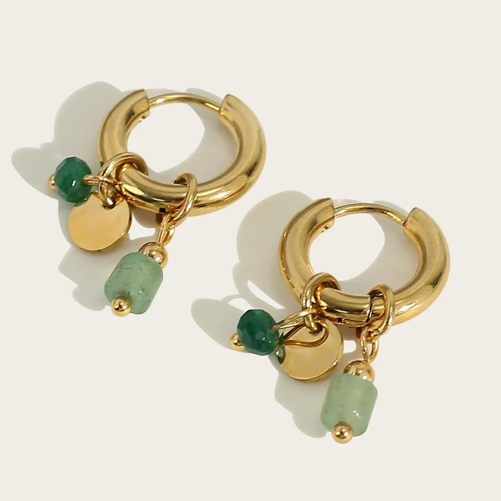 18K Gold Plated Green Natural Stone Hoop Earrings for Women