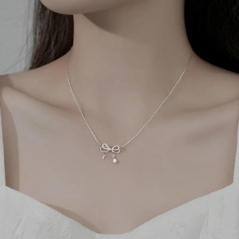 925 Sterling Silver Bow Zircon Pendant Necklace for Women