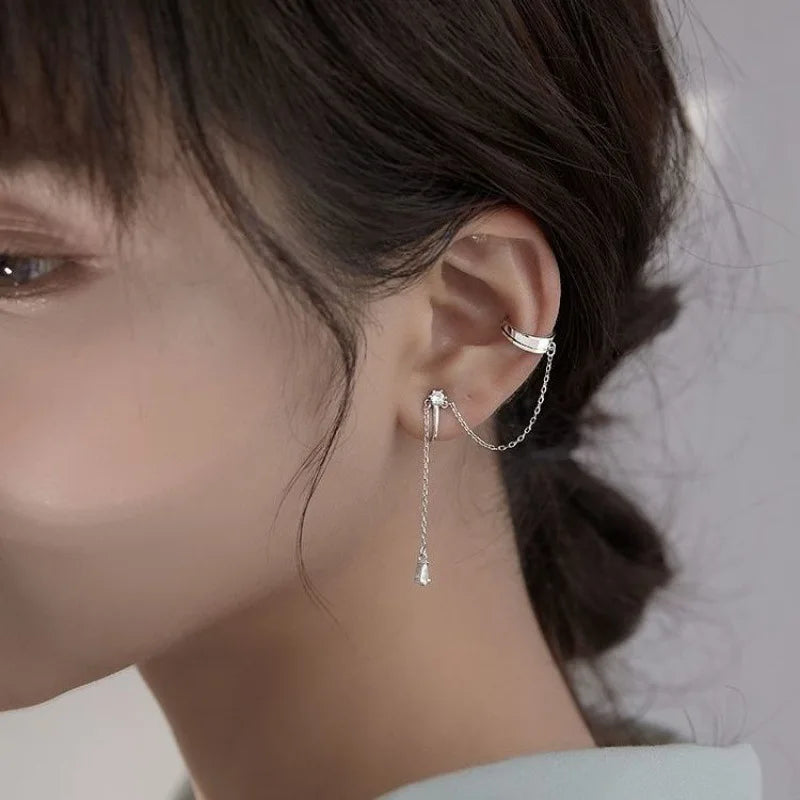 Silver Long Chain Tassel Ear Clip Earrings for Women — No Piercing