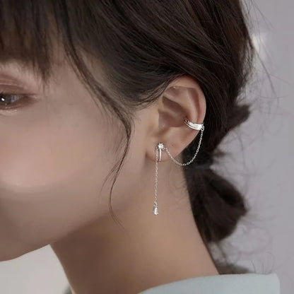 Silver Long Chain Tassel Ear Clip Earrings for Women — No Piercing