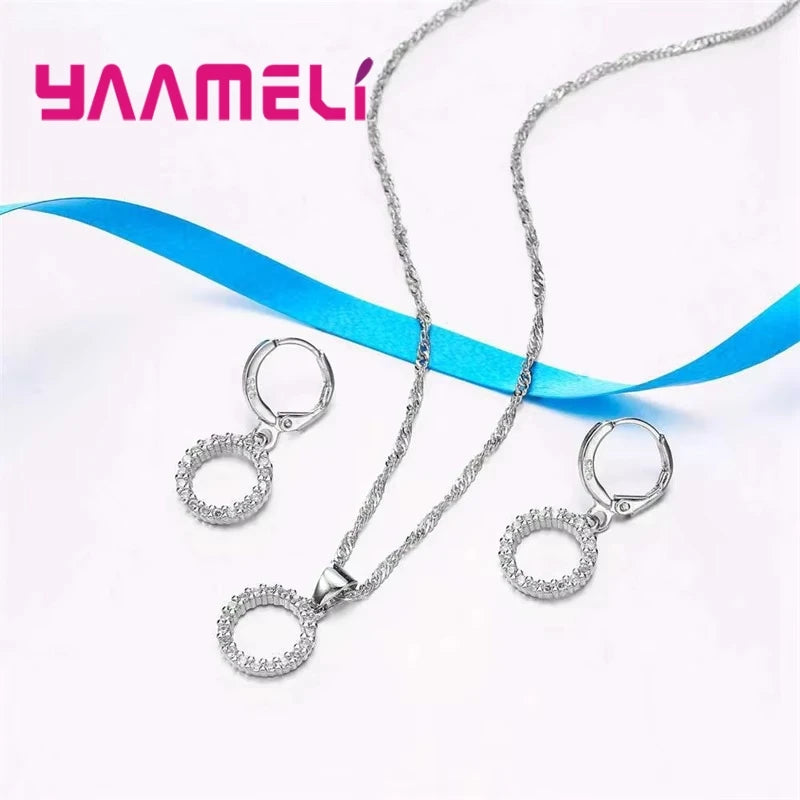 925 Sterling Silver Bridal Jewellery Set — Zircon Necklace and Hoop Earrings for Women