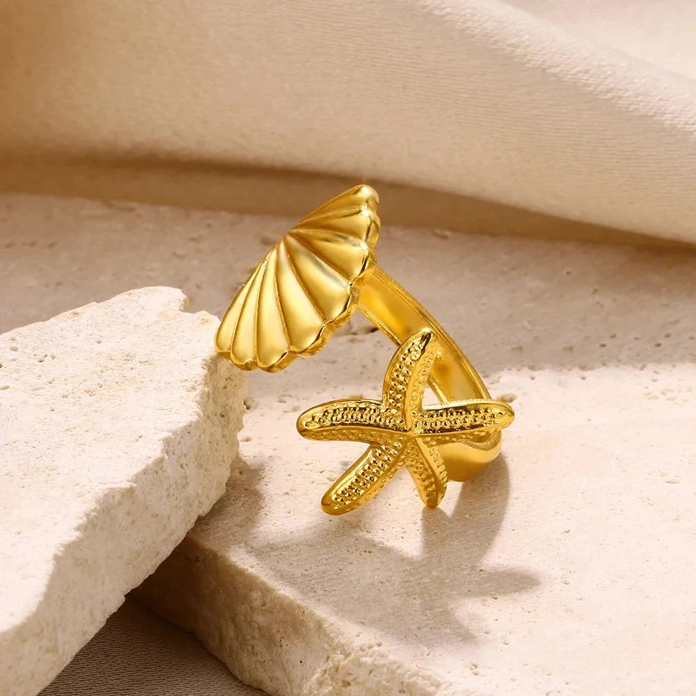 Shell & Star Adjustable Open Ring for Women | 18K Gold Plated