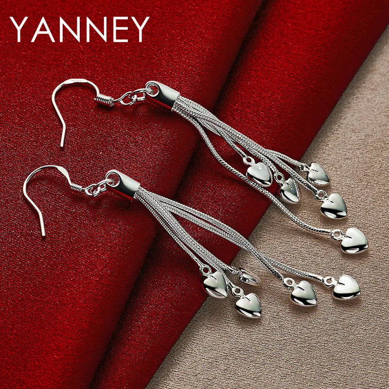 925 Sterling Silver Tassel Heart Drop Earrings for Women