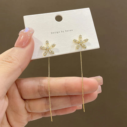 S925 Silver Micro-Inlaid Zircon Flower Ear Line Drop Earrings for Women