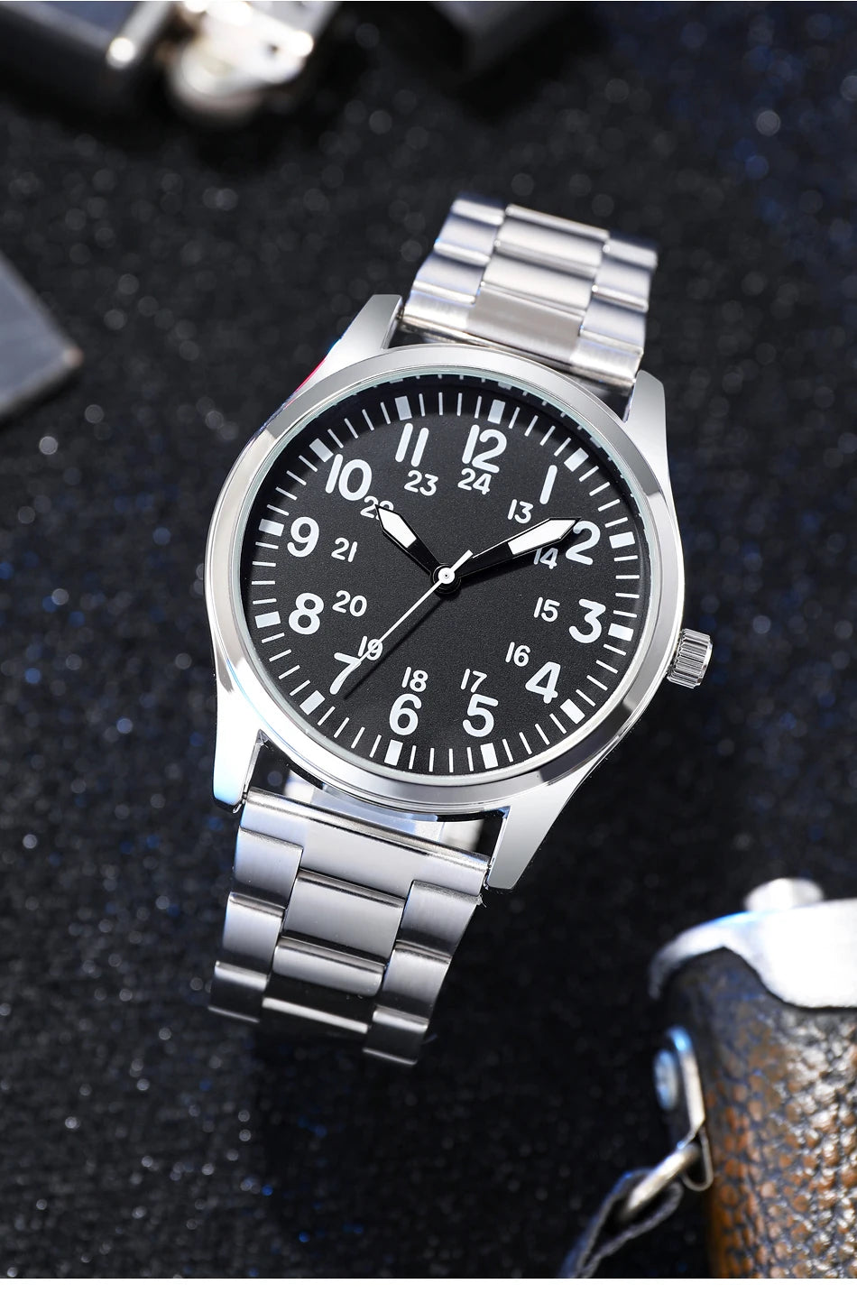 Pilot-Style Quartz Watch with Arabic Numeral Dial