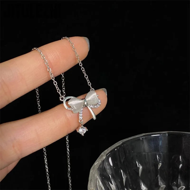 925 Sterling Silver Butterfly Opal Bow Knot Collar Necklace for Women