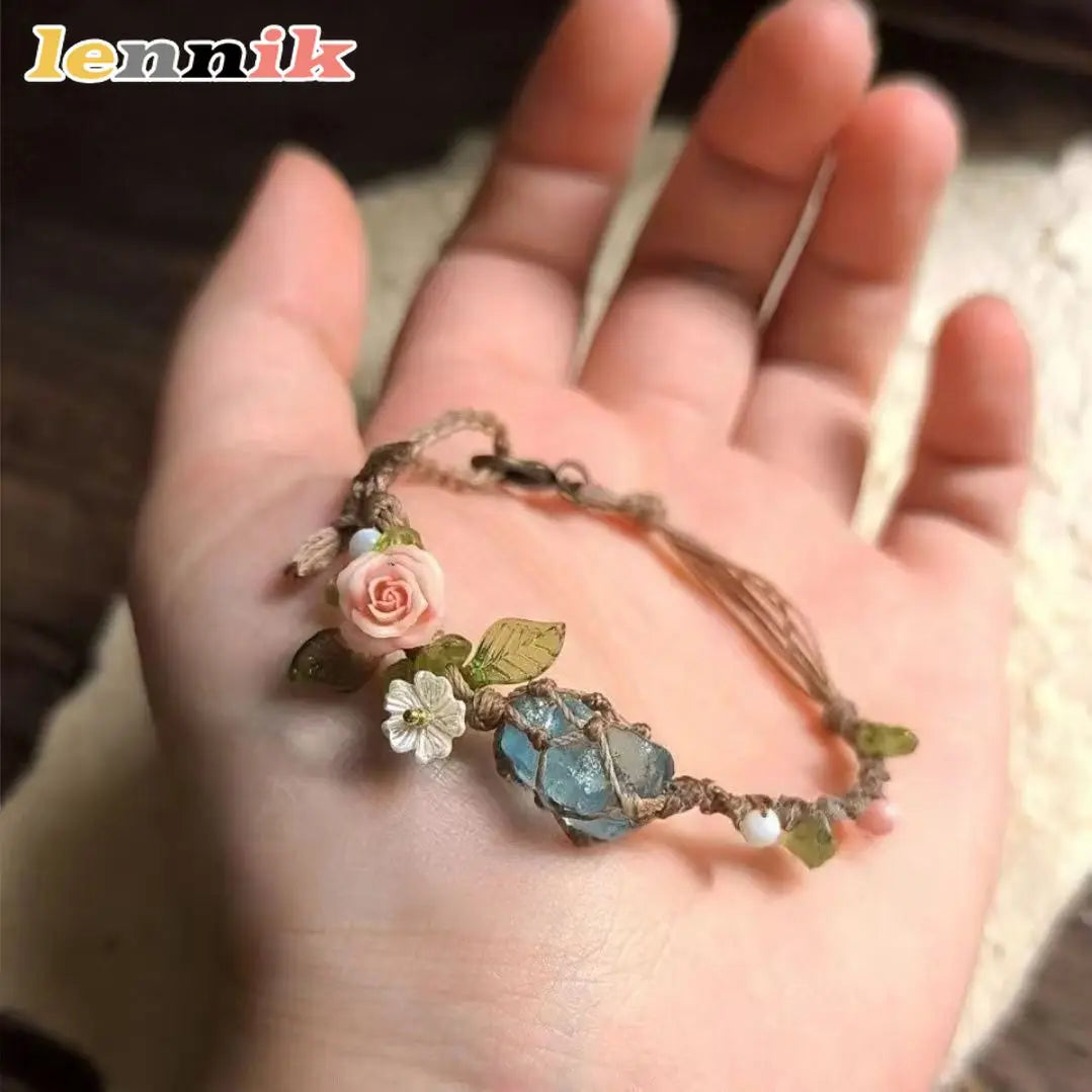 Raw Aquamarine Macrame Bracelet with Rose Accent | Couple Gift