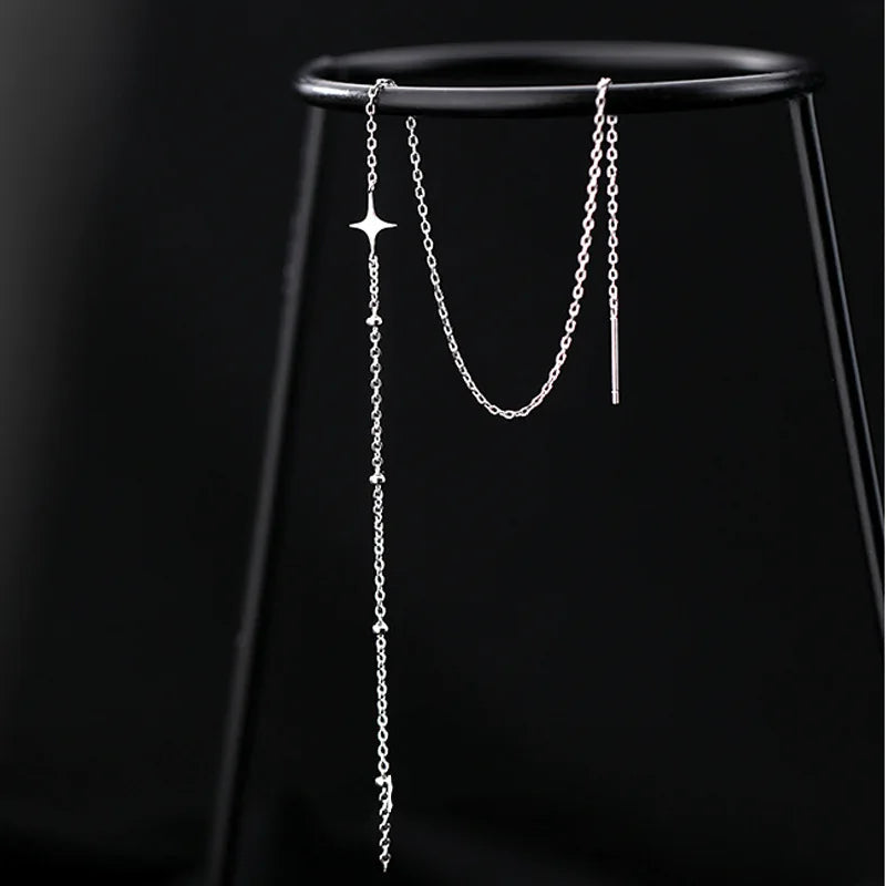 Silver Long Chain Tassel Star Cross Drop Earrings for Women