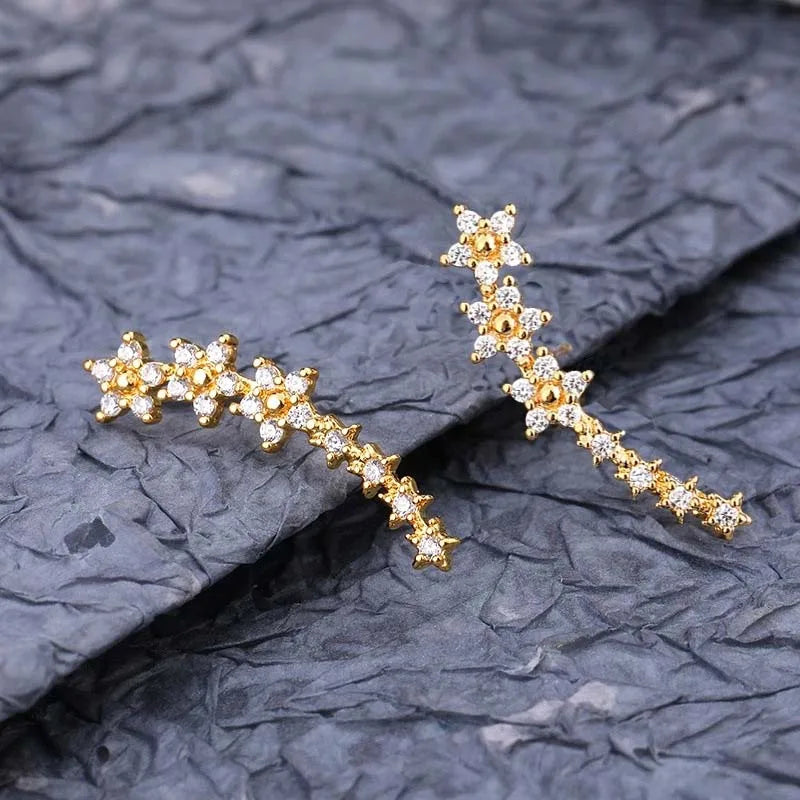 Silver Zircon Flower Star Climbing Stud Earrings for Women