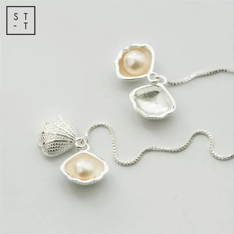 925 Sterling Silver Freshwater Pearl Shell Ear Line Dangle Earrings for Women
