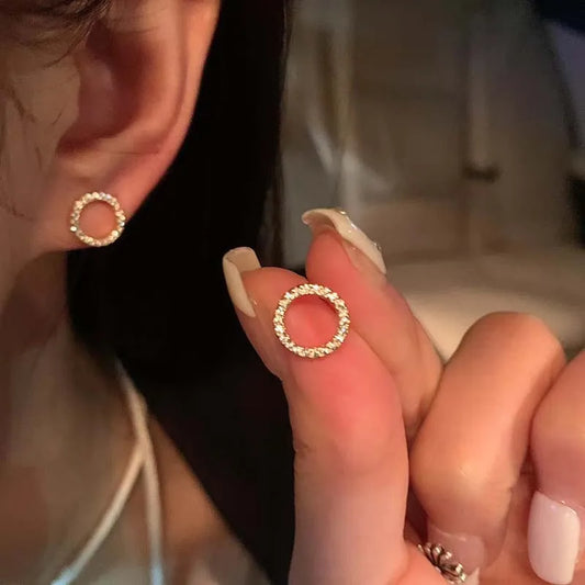 Small Circle Crystal Stud Earrings for Women in Gold