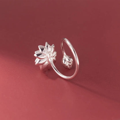 925 Sterling Silver Lotus Flower Adjustable Ring for Women