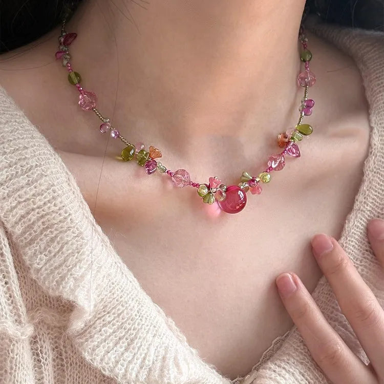 Bohemian Pink Waterdrop Beaded Flower Pendant Necklace | Y2K Style