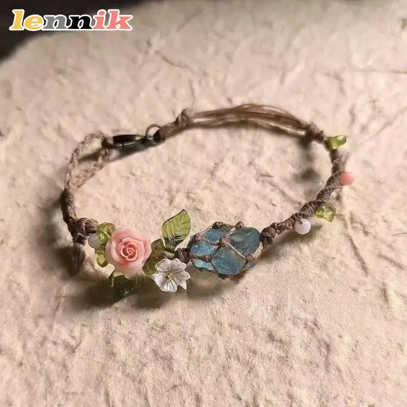 Raw Aquamarine Macrame Bracelet with Rose Accent | Couple Gift