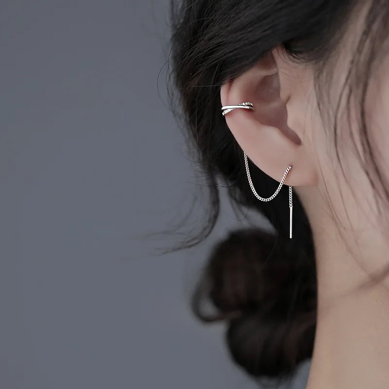 Silver Long Chain Tassel Ear Clip Earrings for Women — No Piercing