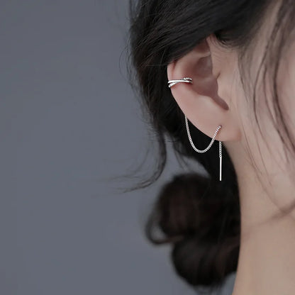 Silver Long Chain Tassel Ear Clip Earrings for Women — No Piercing