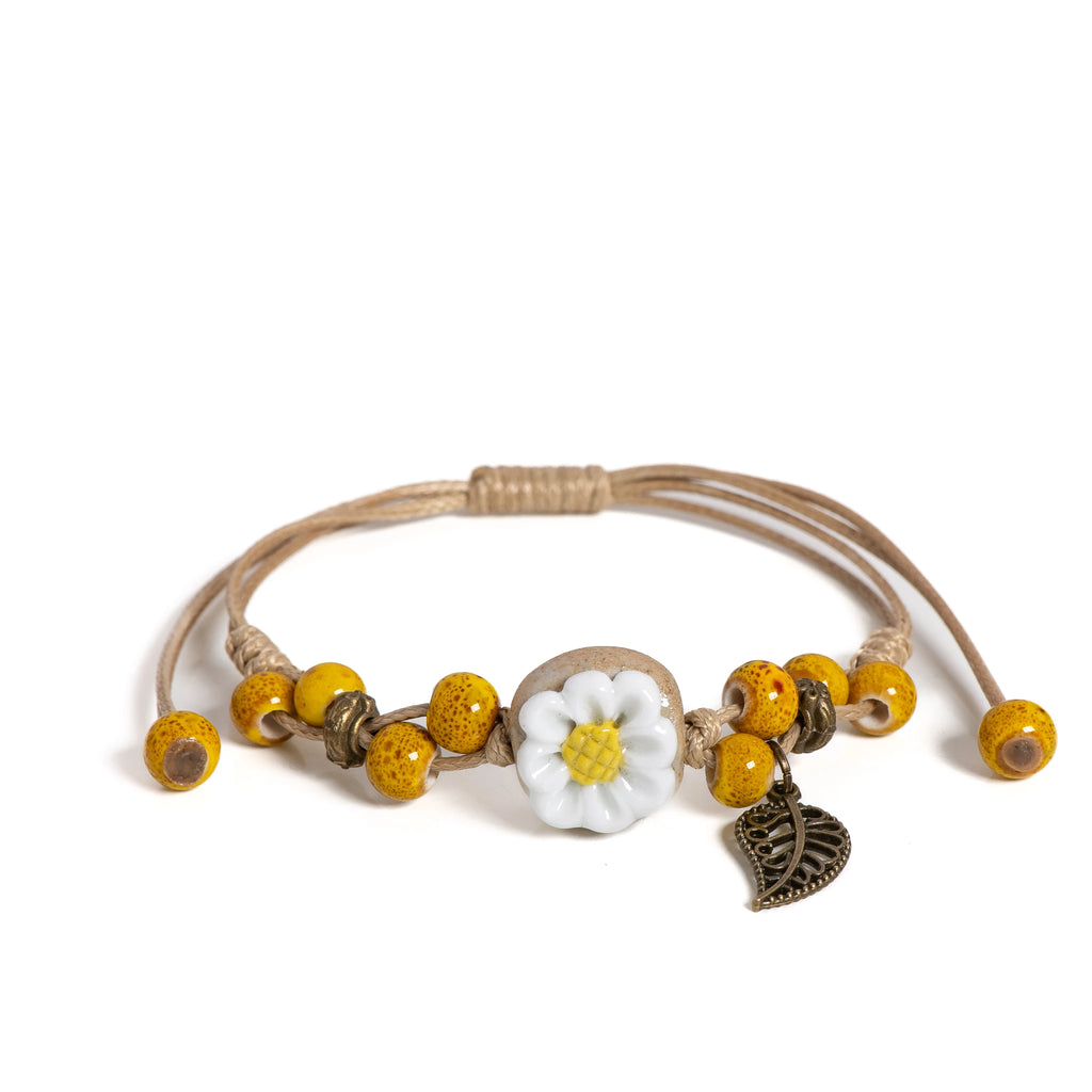 Handmade Sunflower Leaf Ceramic Boho Bracelet for Women | Adjustable