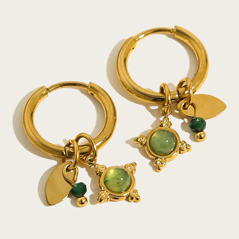 18K Gold Plated Green Natural Stone Hoop Earrings for Women