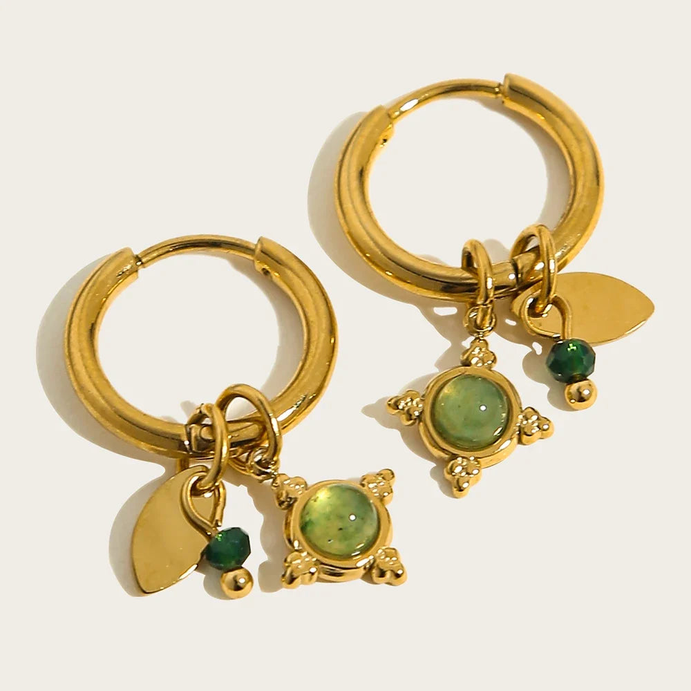 18K Gold Plated Green Natural Stone Hoop Earrings for Women
