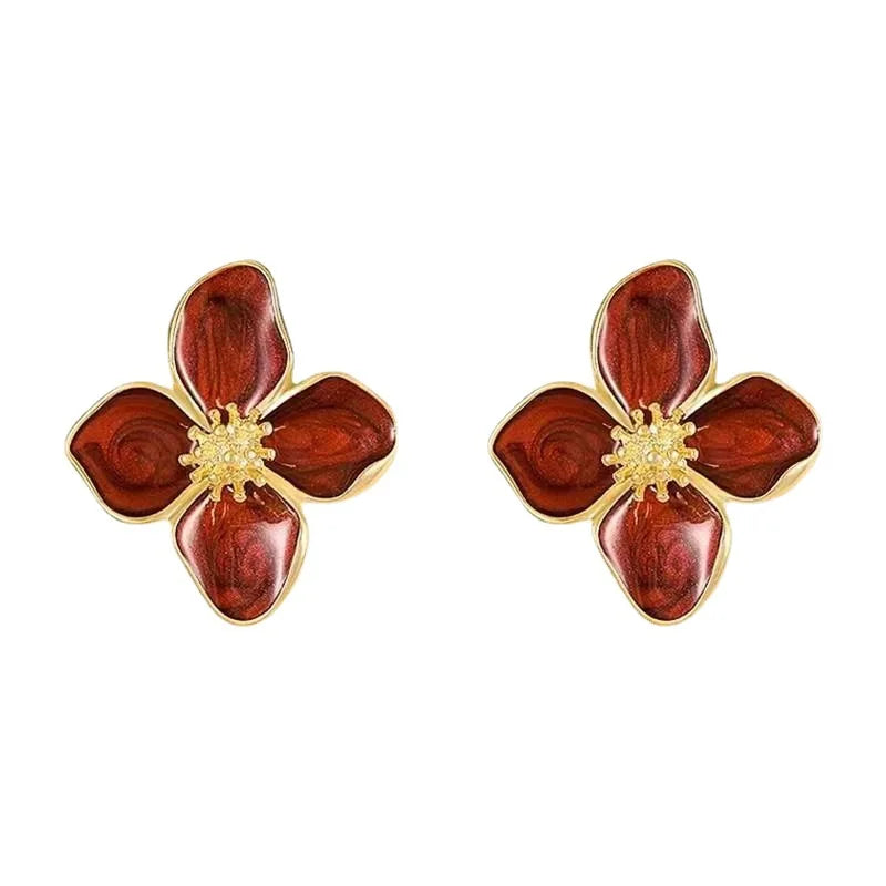 Retro Drip Glaze Red Flower Stud Earrings for Women