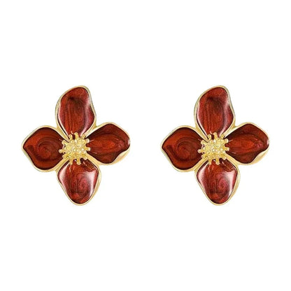 Retro Drip Glaze Red Flower Stud Earrings for Women