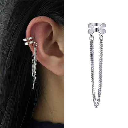 Silver Long Chain Tassel Ear Clip Earrings for Women — No Piercing