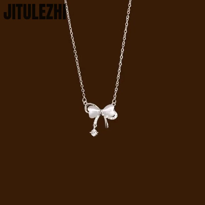 925 Sterling Silver Butterfly Opal Bow Knot Collar Necklace for Women