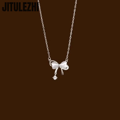 925 Sterling Silver Butterfly Opal Bow Knot Collar Necklace for Women