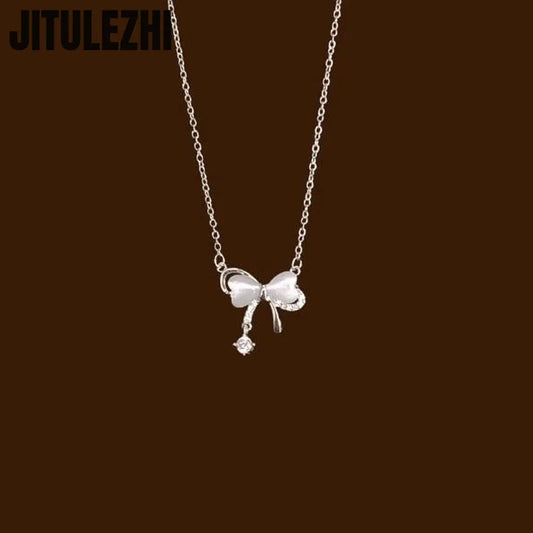 925 Sterling Silver Butterfly Opal Bow Knot Collar Necklace for Women