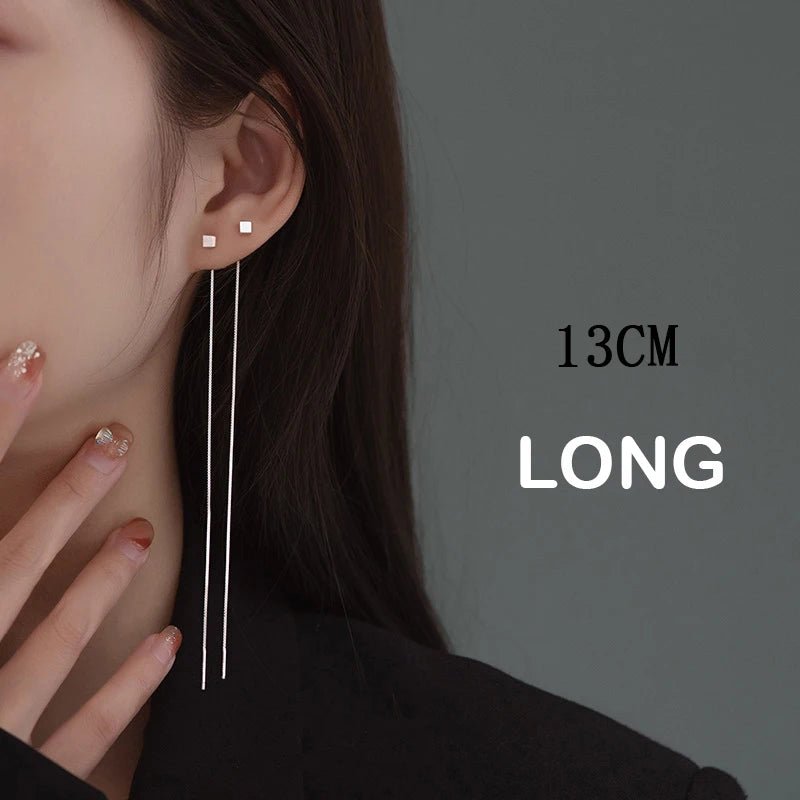 S925 Silver 13cm Square Tassel Chain Ear Line Drop Earrings for Women