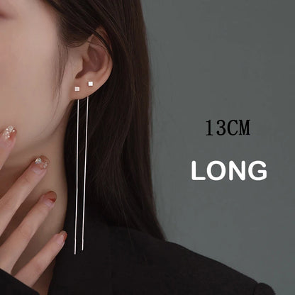 S925 Silver 13cm Square Tassel Chain Ear Line Drop Earrings for Women