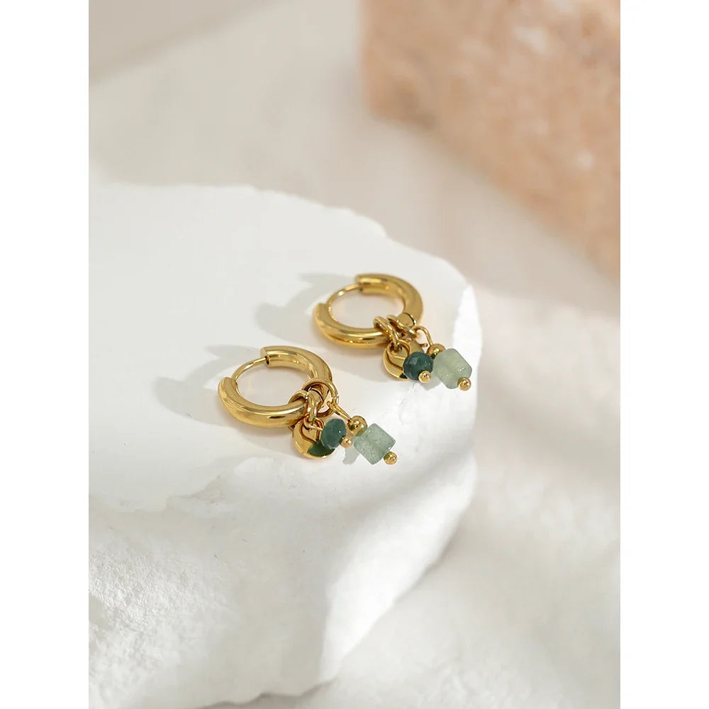 18K Gold Plated Green Natural Stone Hoop Earrings for Women