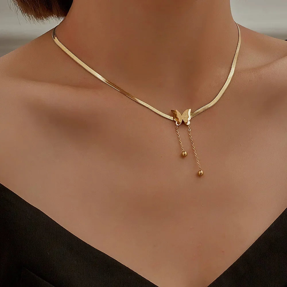 Vintage Butterfly Pendant Necklace on Snake Chain for Women