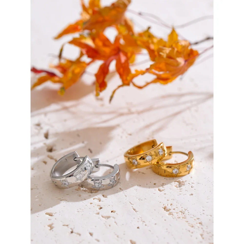 Zirconia Star Hoop Earrings in Stainless Steel for Women