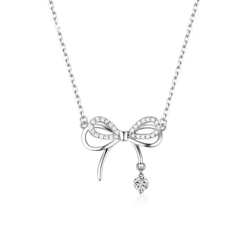 925 Sterling Silver Luxury Bow Zircon Pendant Necklace for Women