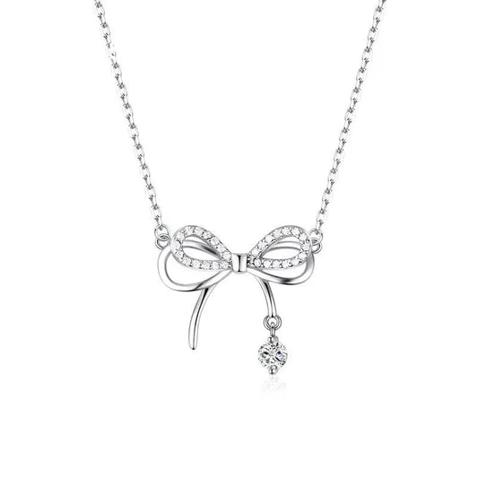 925 Sterling Silver Luxury Bow Zircon Pendant Necklace for Women