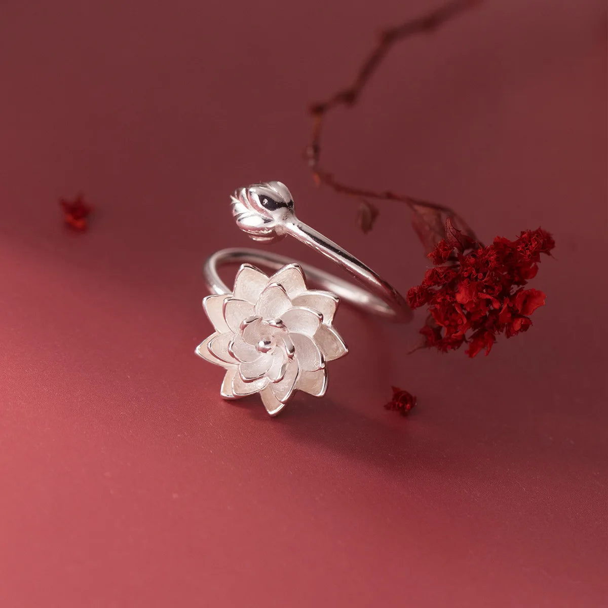 925 Sterling Silver Lotus Flower Adjustable Ring for Women