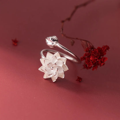 925 Sterling Silver Lotus Flower Adjustable Ring for Women