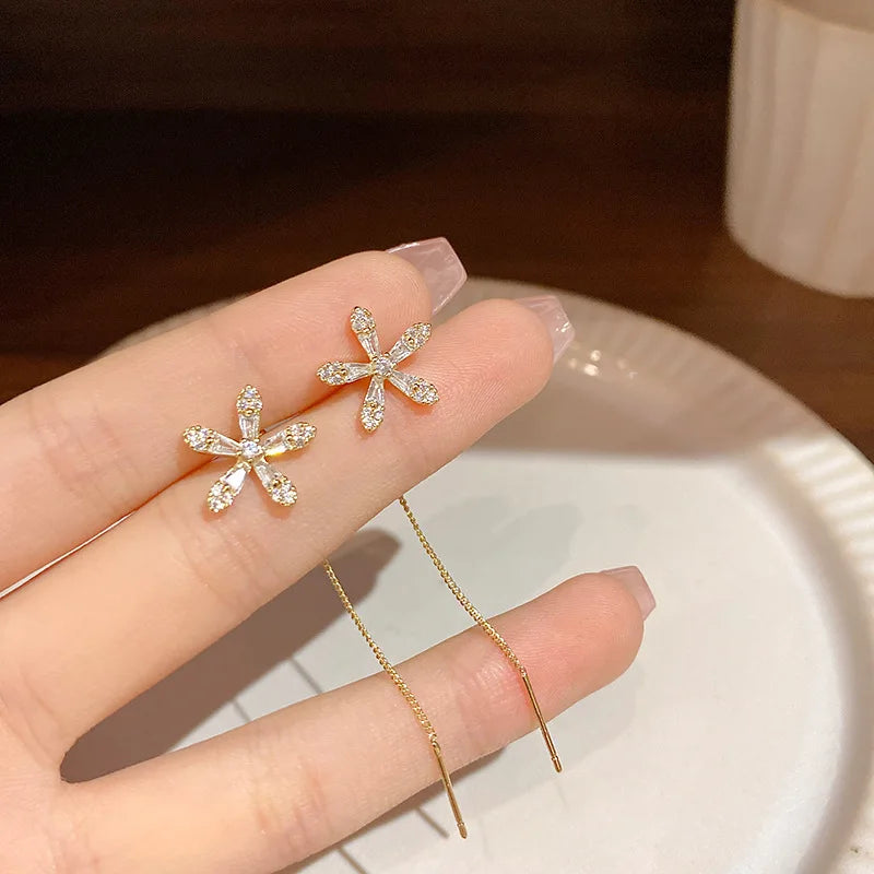 S925 Silver Micro-Inlaid Zircon Flower Ear Line Drop Earrings for Women