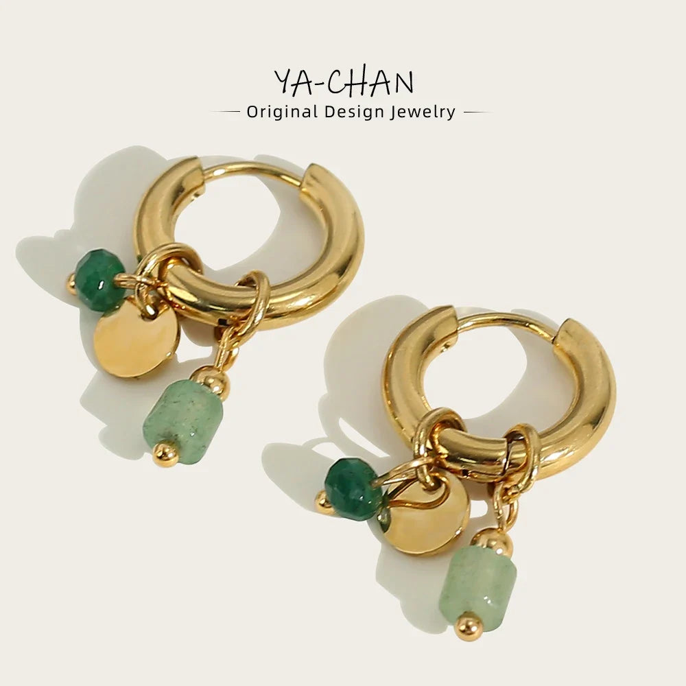 18K Gold Plated Green Natural Stone Hoop Earrings for Women