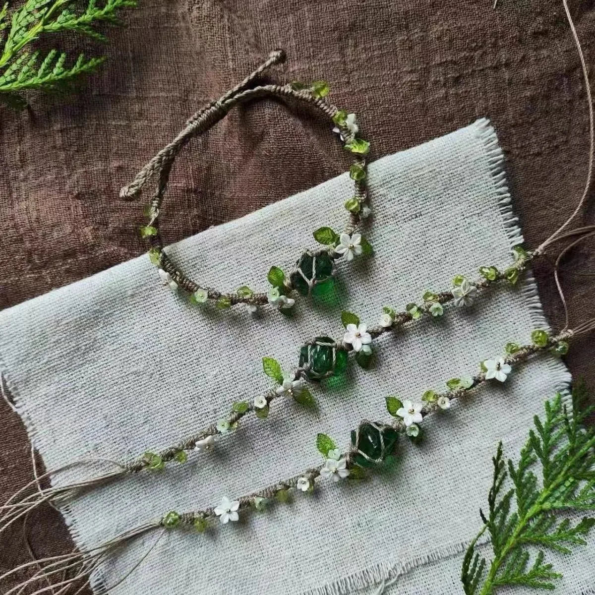 Handmade Crystal Olive Stone Woven Flower Ring for Women | Green
