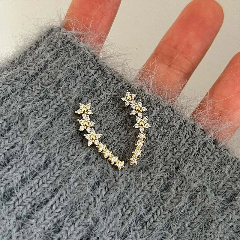 Silver Zircon Flower Star Climbing Stud Earrings for Women
