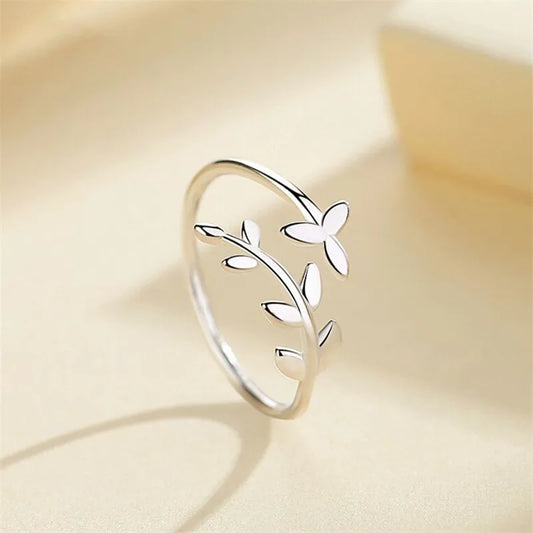 925 Sterling Silver Olive Leaf Opening Ring for Women