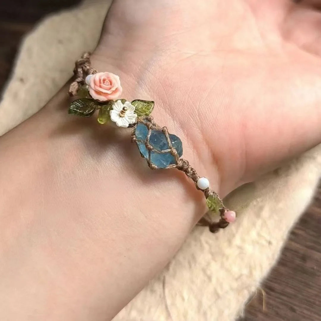 Natural Rose Quartz & Aquamarine Macrame Friendship Bracelet | Unisex