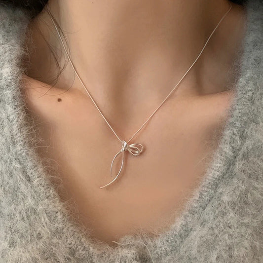 925 Sterling Silver Bow Geometric Pendant Choker Necklace for Women
