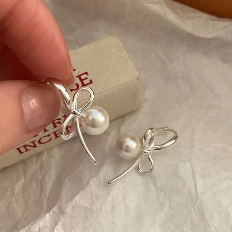 925 Sterling Silver Bow Knot Pearl Earrings for Women