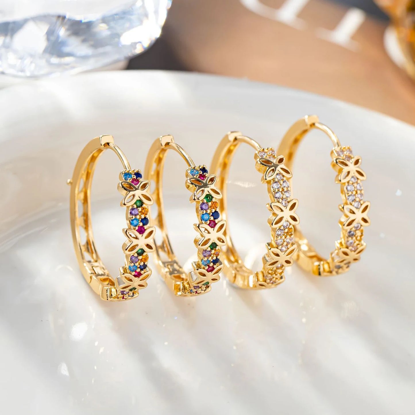 Rainbow Flower Zircon Hoop Earrings for Women